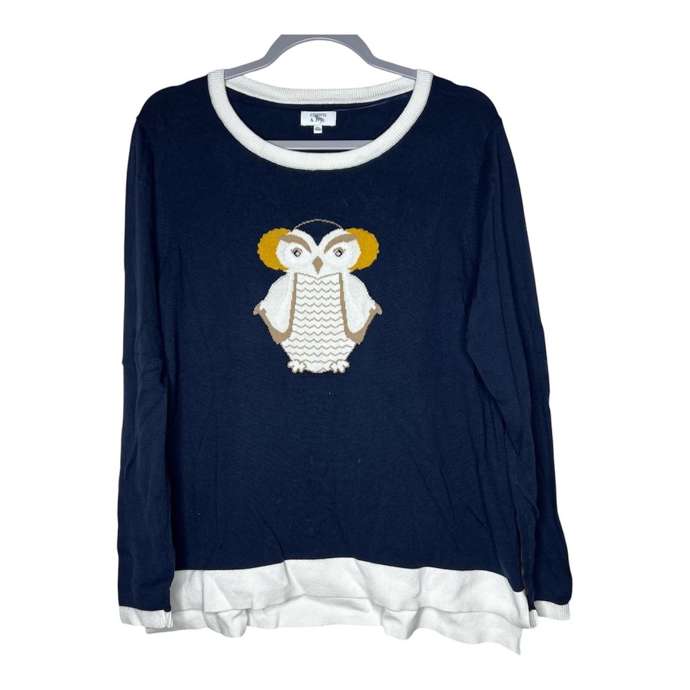 Crown & Ivy Sweater Womens XL Blue Owl Embroidered Hem Crewneck Pullover